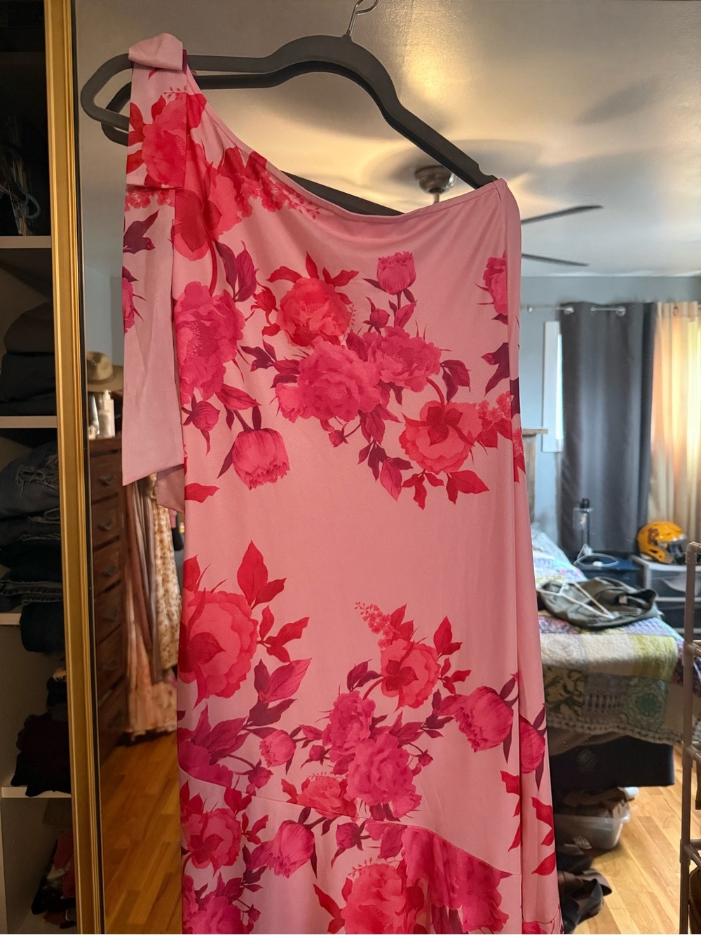 Elegant One-Shoulder Pink Floral Dress